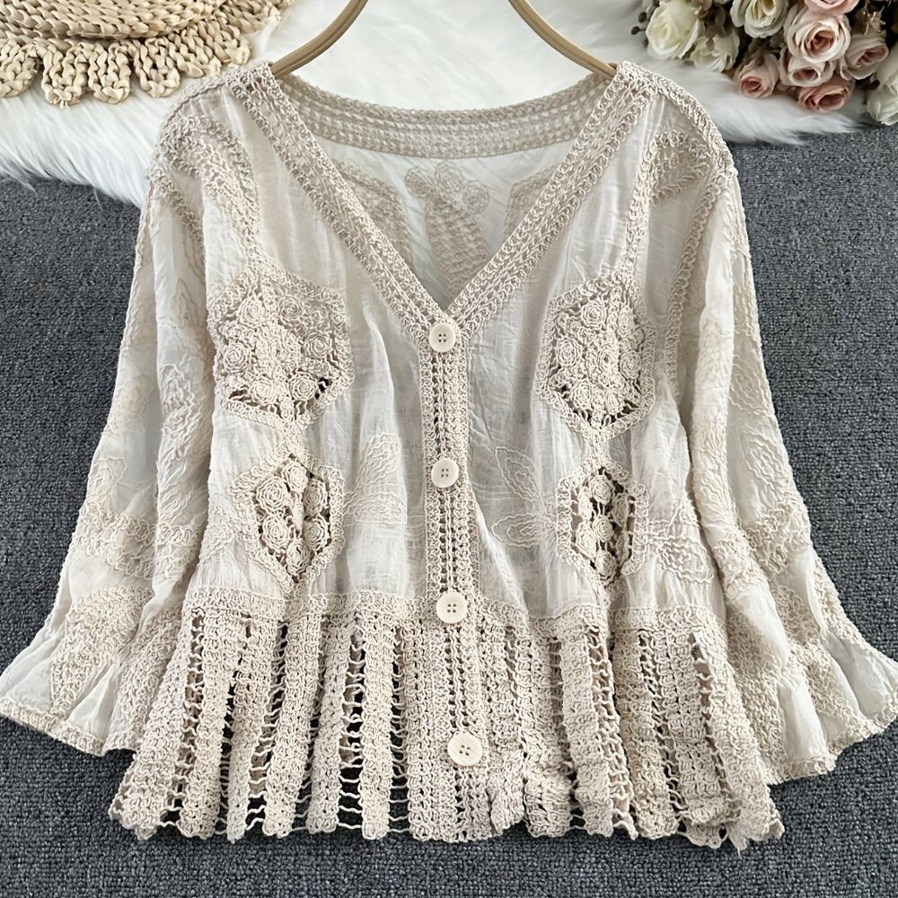 Unbranded Women's Knit Cream Crocheted Embroidered Boho‎ Button Down NEW Sz M/L